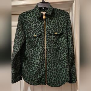 GORGROUS Emerald Green & Black Leopard Print Gold Zip Front Blouse MICHAEL KORS